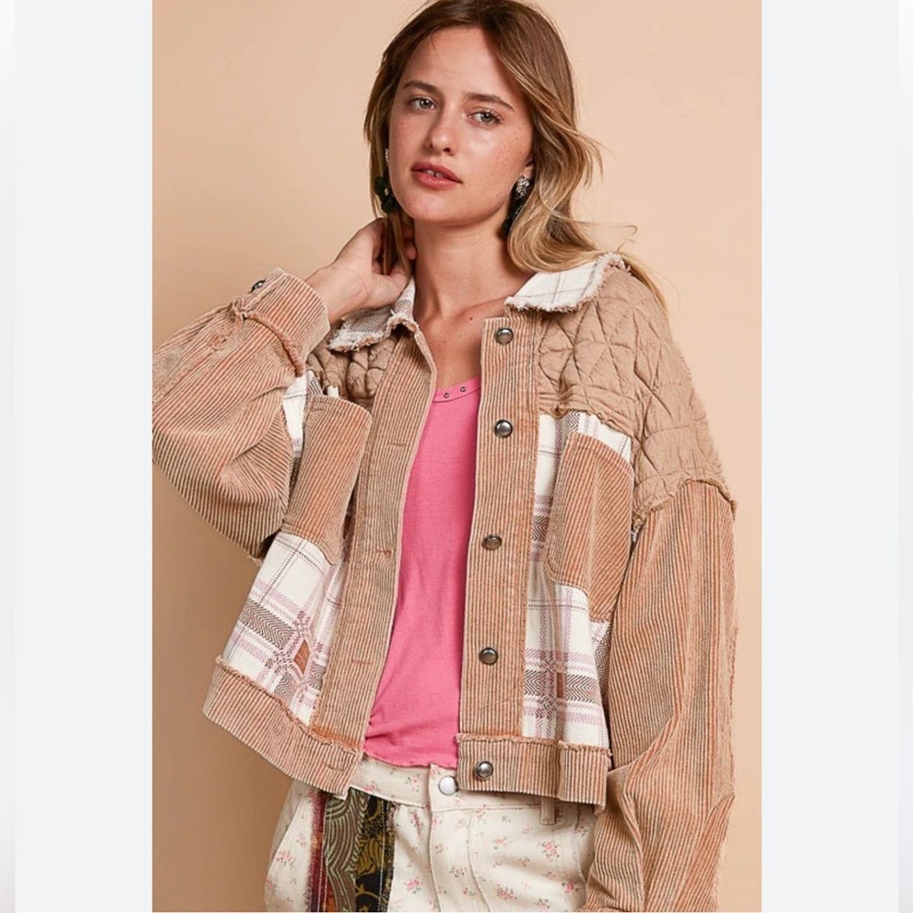 POL Corduroy Jacquard Patchwork Button Up Jacket Tan Multicolor Size S,M,L New - Picture 16 of 16
